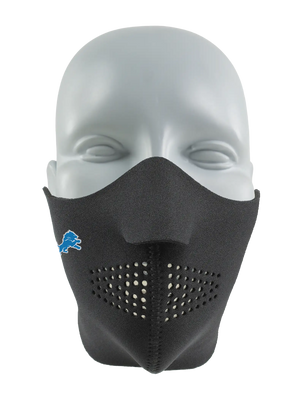 Black face mask with a Lions logo on a white background