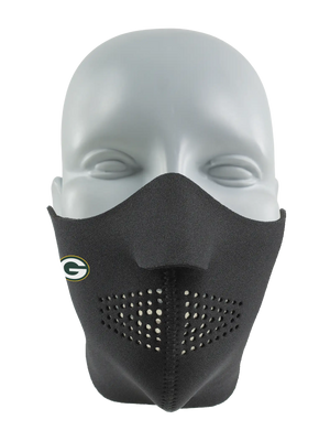 Black face mask with a Packers logo on a white background