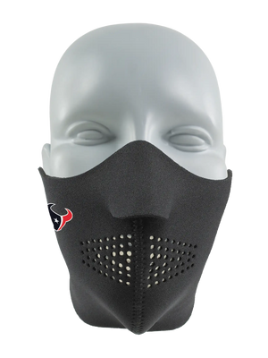 Black Seirus NeoFleece Comfort Masque worn over the lower face with Houston Texans branding, side view