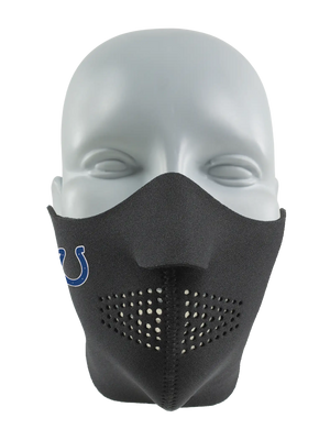 Black face mask with a Colts logo on a white background