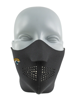 Black face mask with a Jaguars logo on a white background