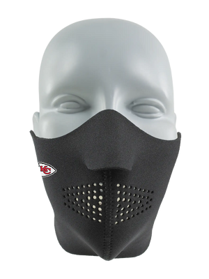 Black face mask with a Chiefs logo on a white background