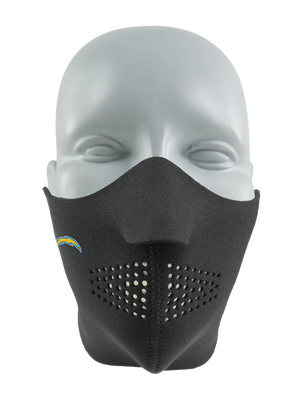 Black face mask with a Chargers logo on a white background