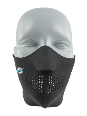Black face mask with a Dolphins logo on a white background