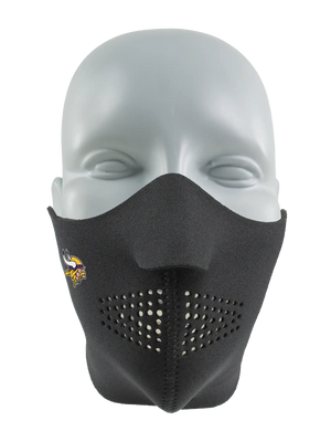 Black face mask with a Vikings logo on a white background