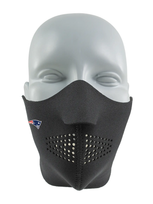 Black face mask with a Patriots logo on a white background