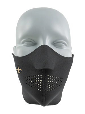 Black face mask with a Saints logo on a white background