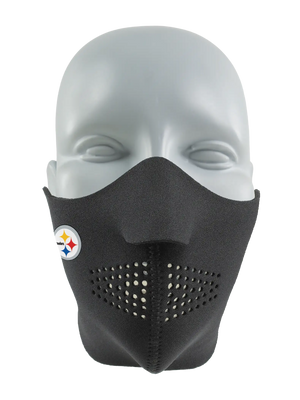 Black face mask with a Steelers logo on a white background