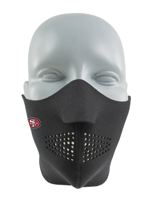 Black face mask with a 49ers logo on a white background