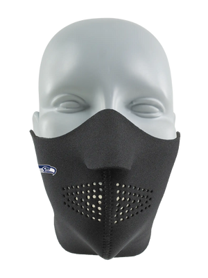Black face mask with a Seahawks logo on a white background