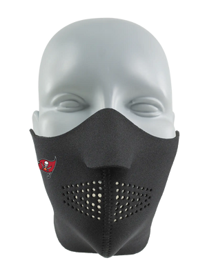 Black face mask with a Buccaneers logo on a white background