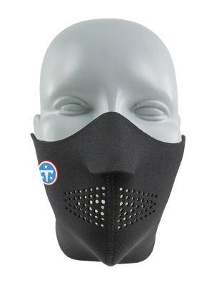Black face mask with a Vikings logo on a white background