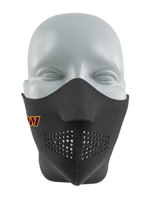 Black face mask with a Commanders logo on a white background