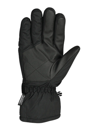 A single black winter glove shown flat against a solid white background, featuring a textured leather-like palm patch and a smooth black cuff with an elastic strap.
