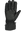 A single black winter glove shown flat against a solid white background, featuring a textured leather-like palm patch and a smooth black cuff with an elastic strap.