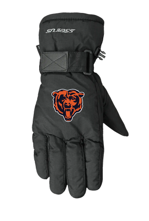 A single black lofted winter glove shown flat against a solid white background, featuring the Chicago Bears logo on the back of the hand.