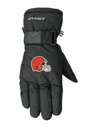 A single black lofted winter glove shown flat against a solid white background, featuring the Cleveland Browns logo on the back of the hand.