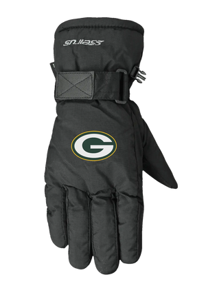 A single black lofted winter glove shown flat against a solid white background, featuring the Green Bay Packers logo on the back of the hand.