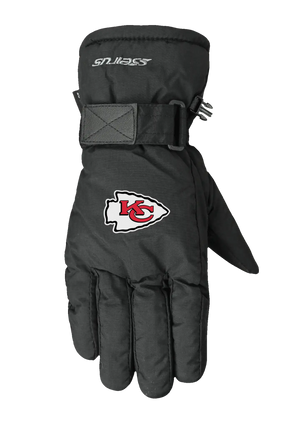 A single black lofted winter glove shown flat against a solid white background, featuring the Kansas City Chiefs logo on the back of the hand.