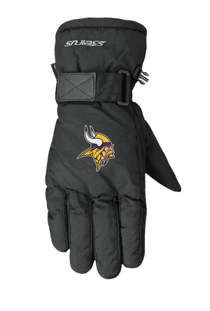 A single black lofted winter glove shown flat against a solid white background, featuring the Minnesota Vikings logo on the back of the hand.