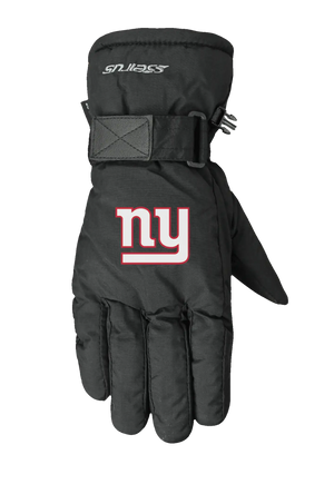 A single black lofted winter glove shown flat against a solid white background, featuring the New York Giants logo on the back of the hand.