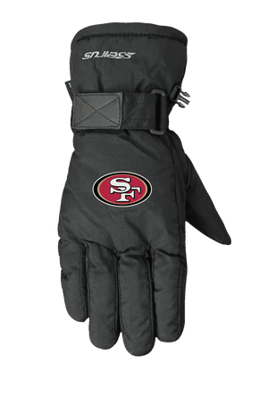 A single black lofted winter glove shown flat against a solid white background, featuring the San Francisco 49ers logo on the back of the hand.