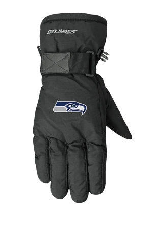 A single black lofted winter glove shown flat against a solid white background, featuring the Seattle Seahawks logo on the back of the hand.