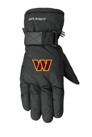 A single black lofted winter glove shown flat against a solid white background, featuring the Washington Commanders logo on the back of the hand.