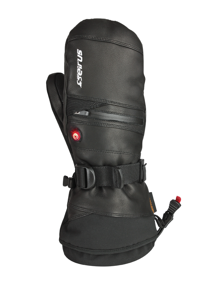 Image of back of hand of heattouch hellfire mitt in black with button illuminated red