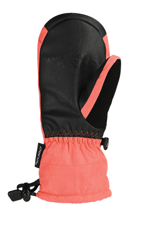 image of palm side of hand in junior puff pall mitten in coral color with black leather palm patch and black nose wipe